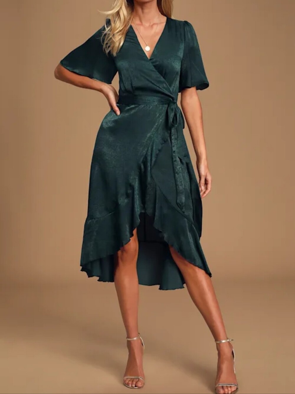 Lulus Wrapped Up In Love Dark Green Satin Faux-Wrap Midi Dress